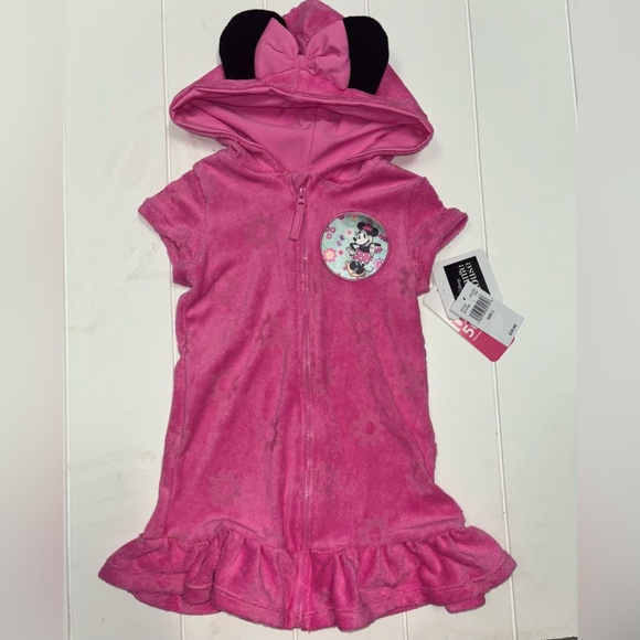 Disney Terry Pink Minnie Mouse Hooded Robe Beach Cover Up Dress Girls - Picture 2 of 8
